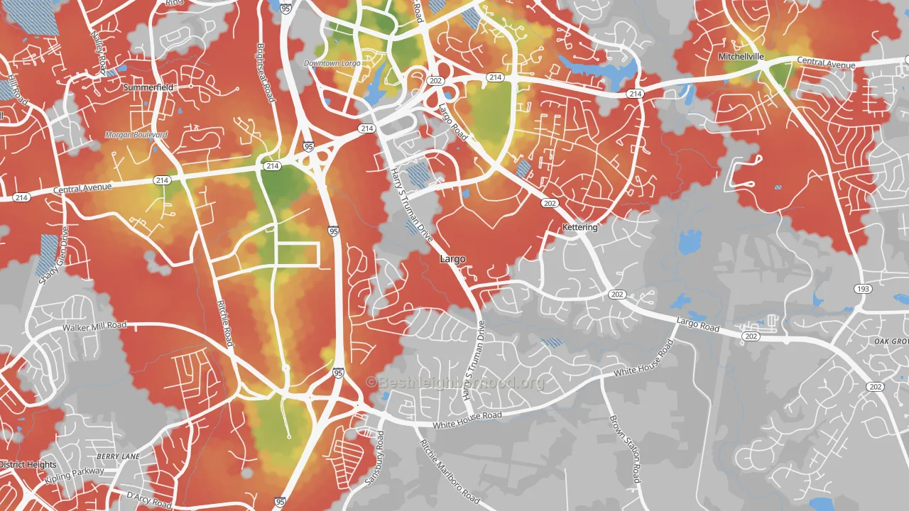 Walk Grade map of Largo, MD, walkable areas in green and car-dependent areas in red
