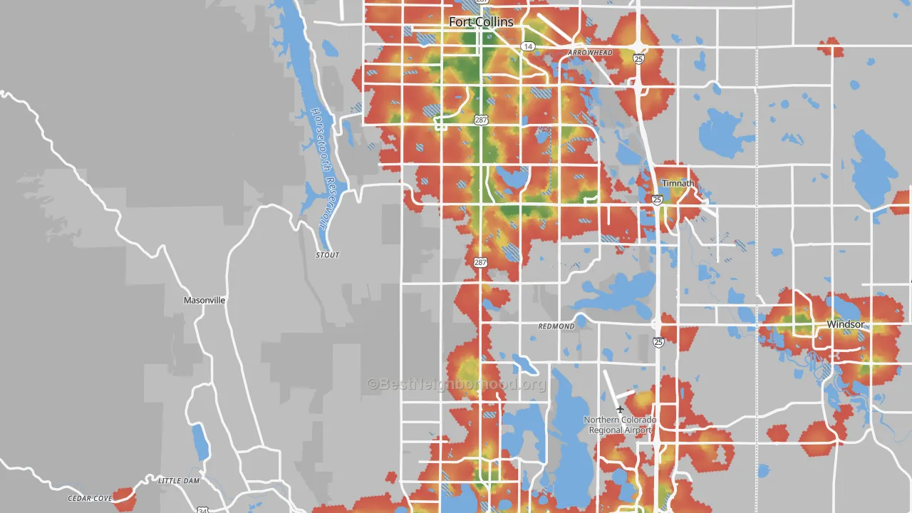 Walk Grade map of Larimer County, CO, walkable areas in green and car-dependent areas in red