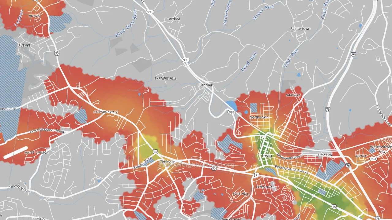 Walk Grade map of Larimer, PA, walkable areas in green and car-dependent areas in red