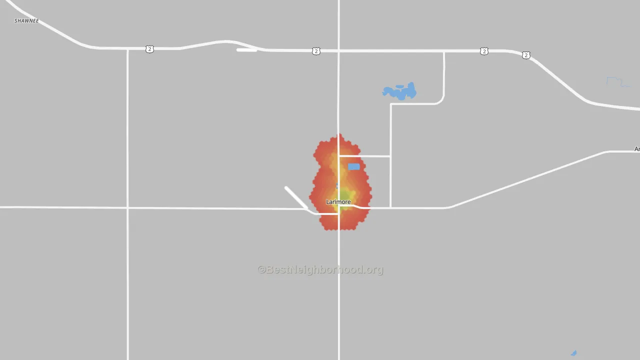 Walk Grade map of Larimore, ND, walkable areas in green and car-dependent areas in red