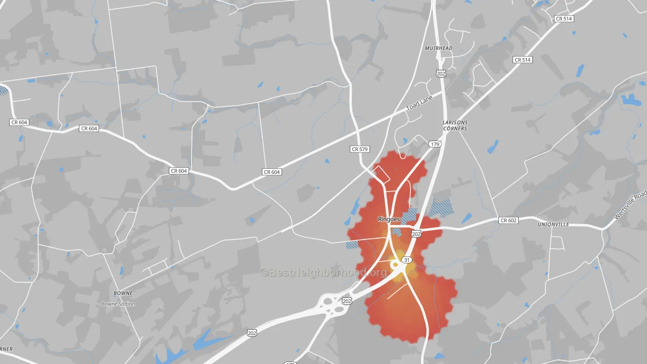 Walk Grade map of Larisons Corner, NJ, walkable areas in green and car-dependent areas in red