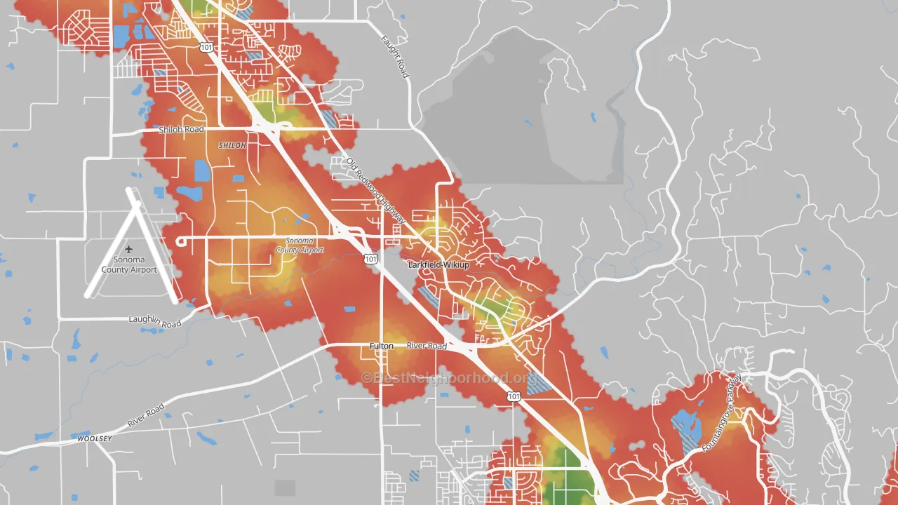 Walk Grade map of Larkfield-Wikiup, Santa Rosa, CA, walkable areas in green and car-dependent areas in red