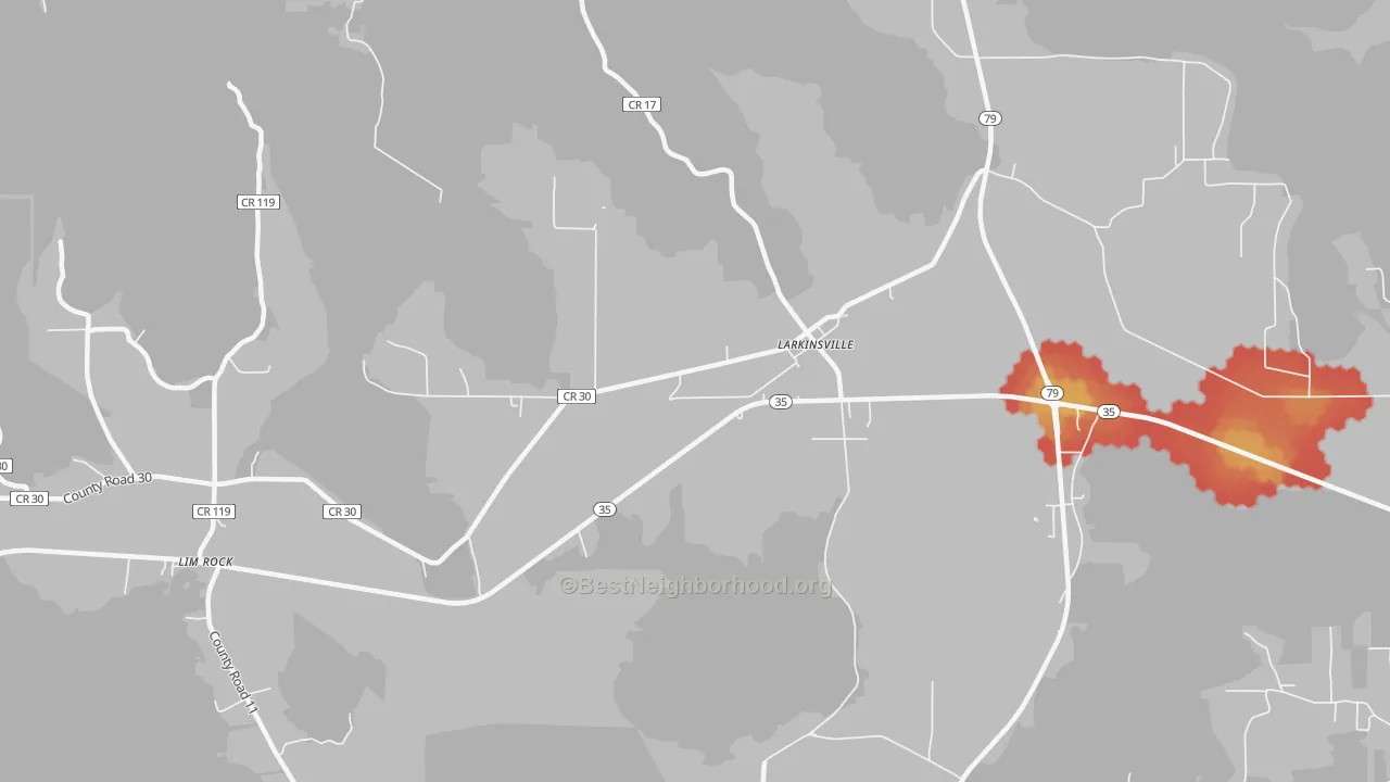 Walk Grade map of Larkinsville, AL, walkable areas in green and car-dependent areas in red