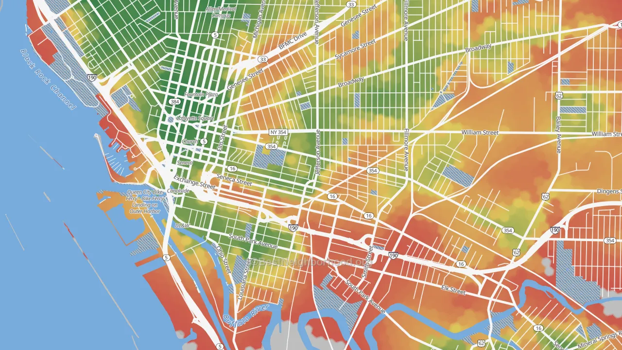 Walk Grade map of Larkinville, Buffalo, NY, walkable areas in green and car-dependent areas in red