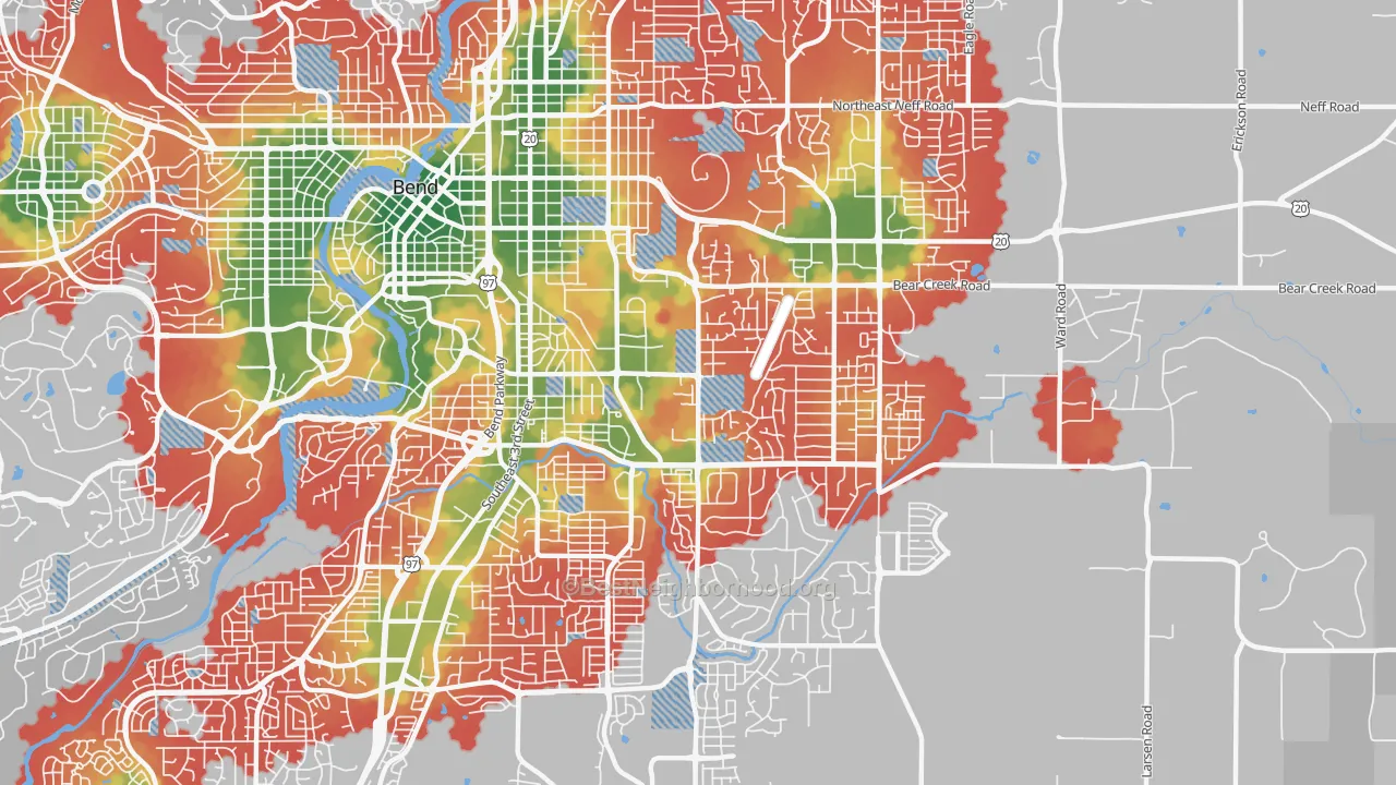 Walk Grade map of Larkspur, Bend, OR, walkable areas in green and car-dependent areas in red