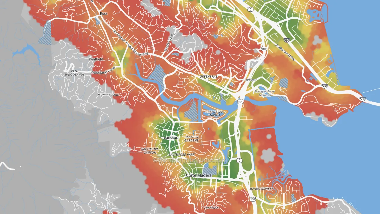 Walk Grade map of Larkspur, CA, walkable areas in green and car-dependent areas in red