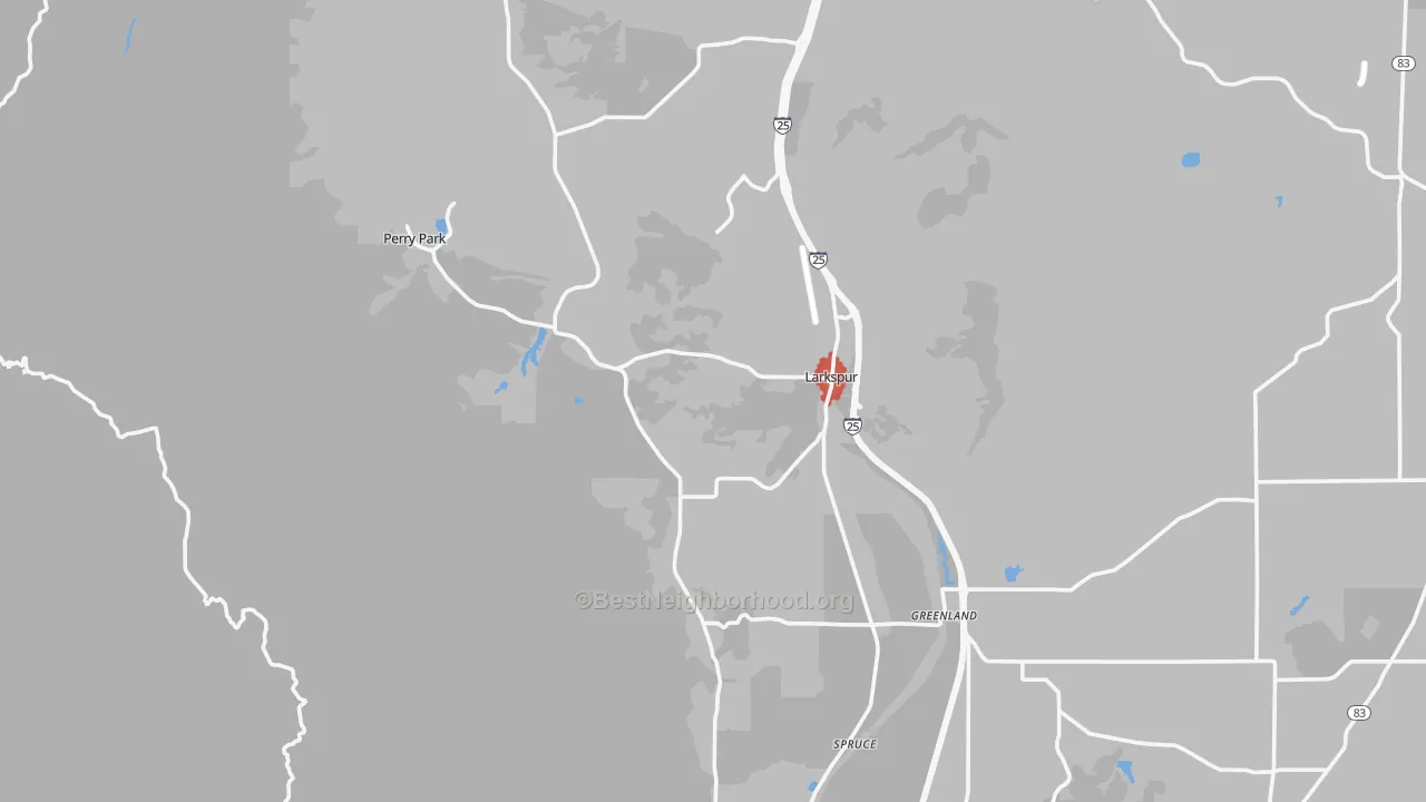 Walk Grade map of Larkspur, CO, walkable areas in green and car-dependent areas in red