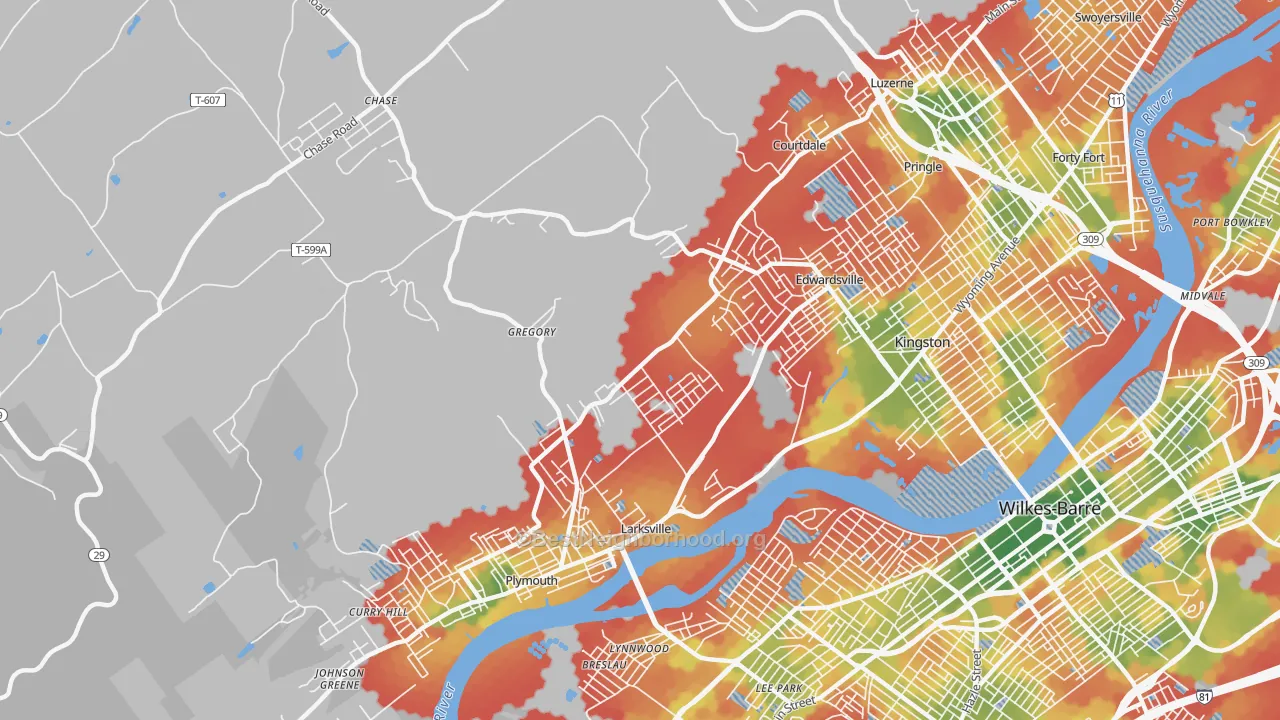 Walk Grade map of Larksville, PA, walkable areas in green and car-dependent areas in red