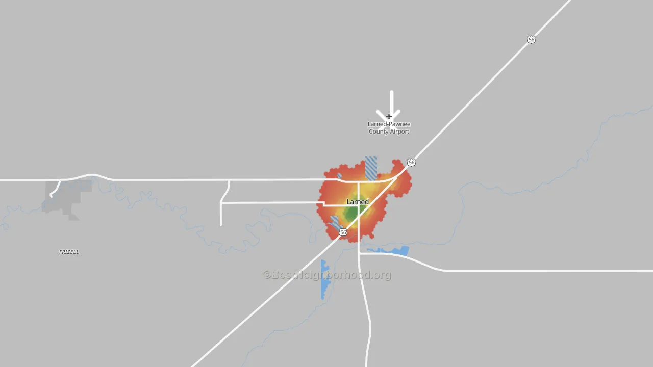 Walk Grade map of Larned, KS, walkable areas in green and car-dependent areas in red