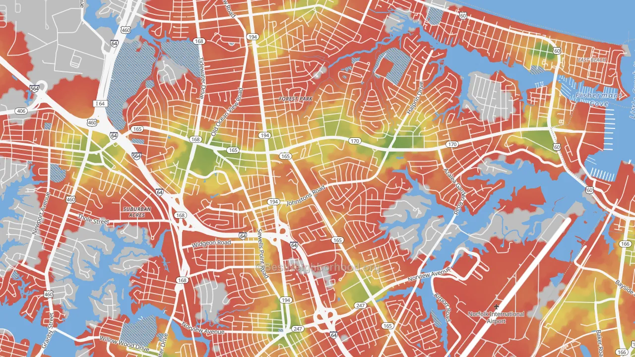 Walk Grade map of Larrymore Lawns, Norfolk, VA, walkable areas in green and car-dependent areas in red