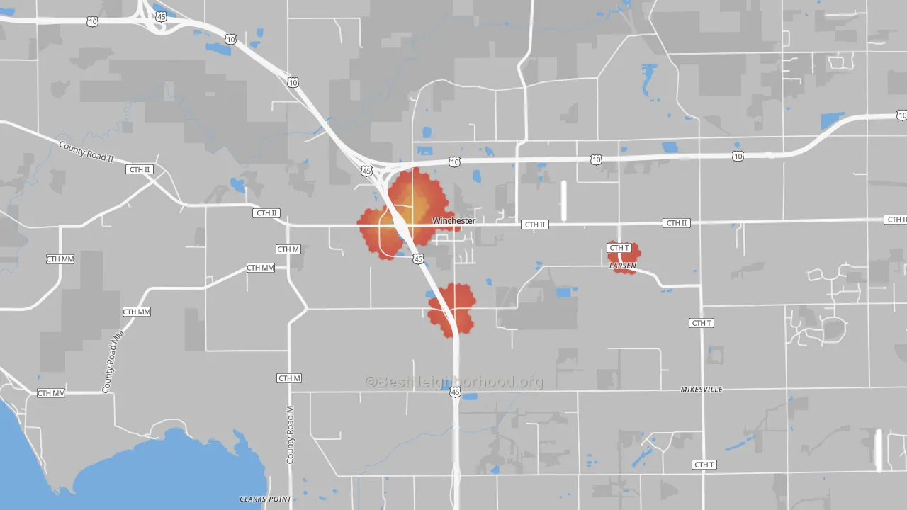 Walk Grade map of Larsen, WI, walkable areas in green and car-dependent areas in red