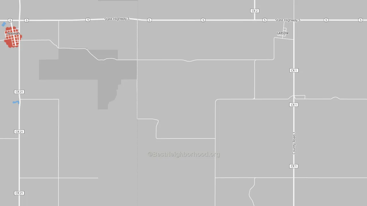 Walk Grade map of Larson, ND, walkable areas in green and car-dependent areas in red