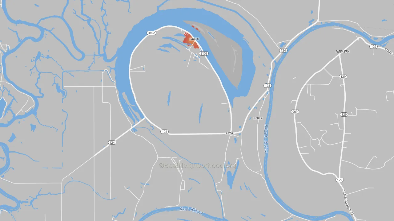 Walk Grade map of Larto, LA, walkable areas in green and car-dependent areas in red