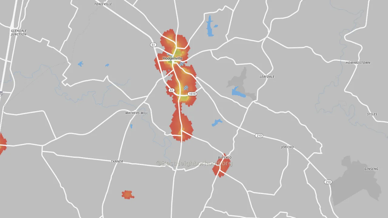 Walk Grade map of Larue County, KY, walkable areas in green and car-dependent areas in red