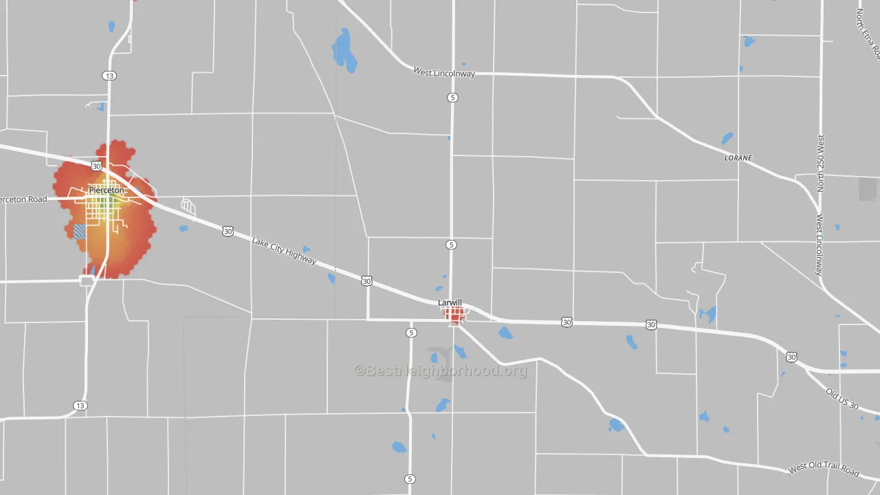 Walk Grade map of Larwill, IN, walkable areas in green and car-dependent areas in red
