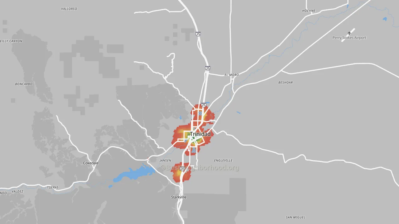 Walk Grade map of Las Animas County, CO, walkable areas in green and car-dependent areas in red