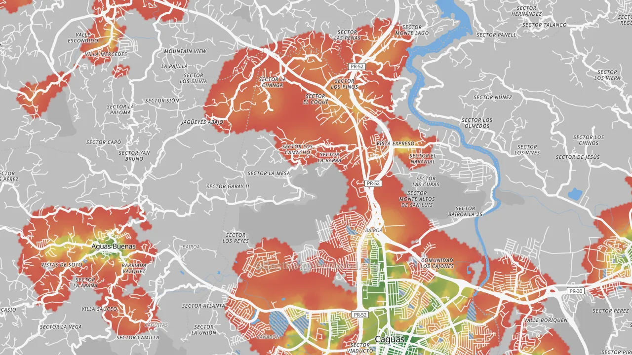 Walk Grade map of Las Carolinas, PR, walkable areas in green and car-dependent areas in red