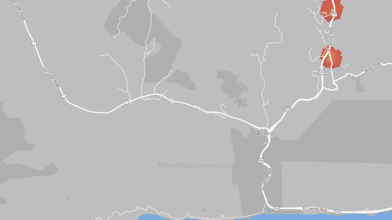 Walk Grade map of Las Cruces, CA, walkable areas in green and car-dependent areas in red