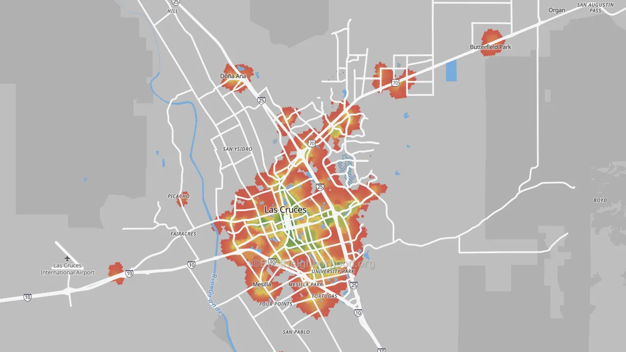 Walk Grade map of Las Cruces, NM, walkable areas in green and car-dependent areas in red