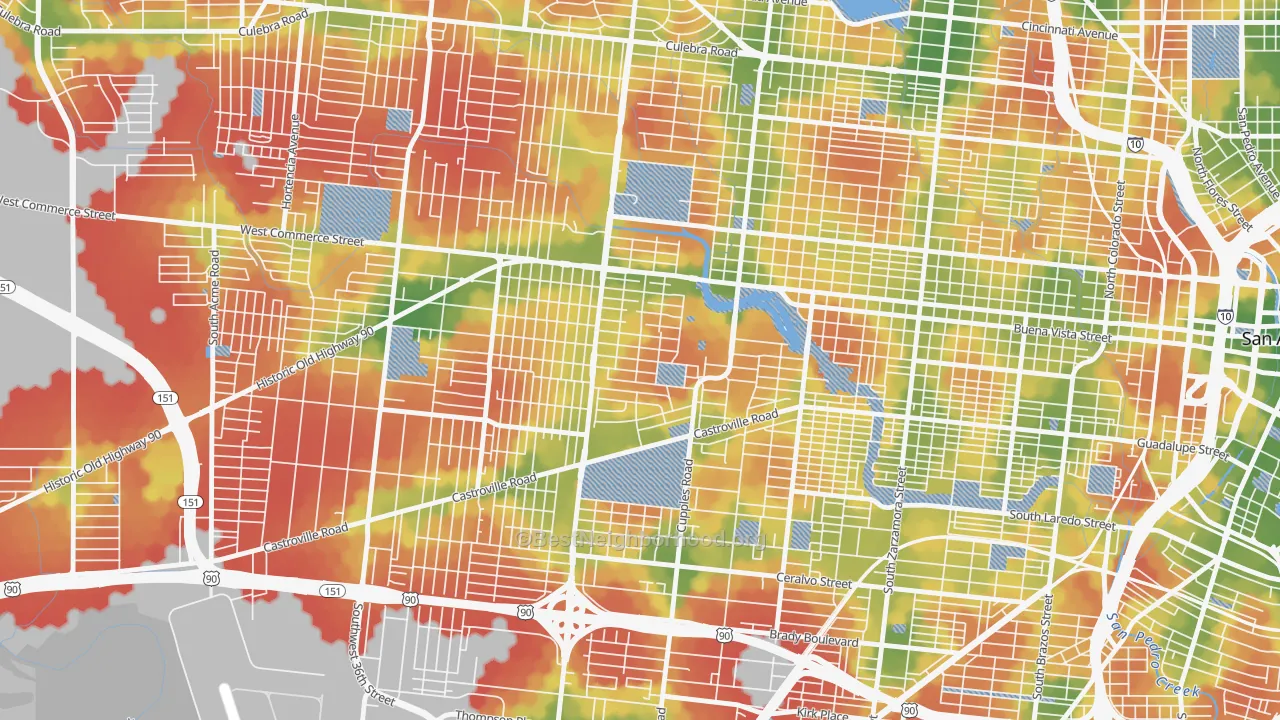 Walk Grade map of Las Palmas, San Antonio, TX, walkable areas in green and car-dependent areas in red
