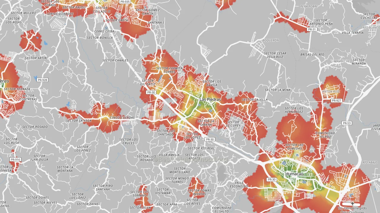 Walk Grade map of Las Piedras Municipio, PR, walkable areas in green and car-dependent areas in red