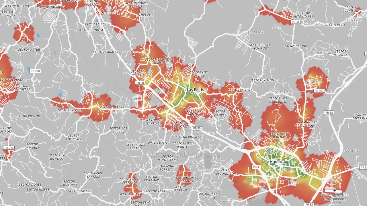 Walk Grade map of Las Piedras, PR, walkable areas in green and car-dependent areas in red