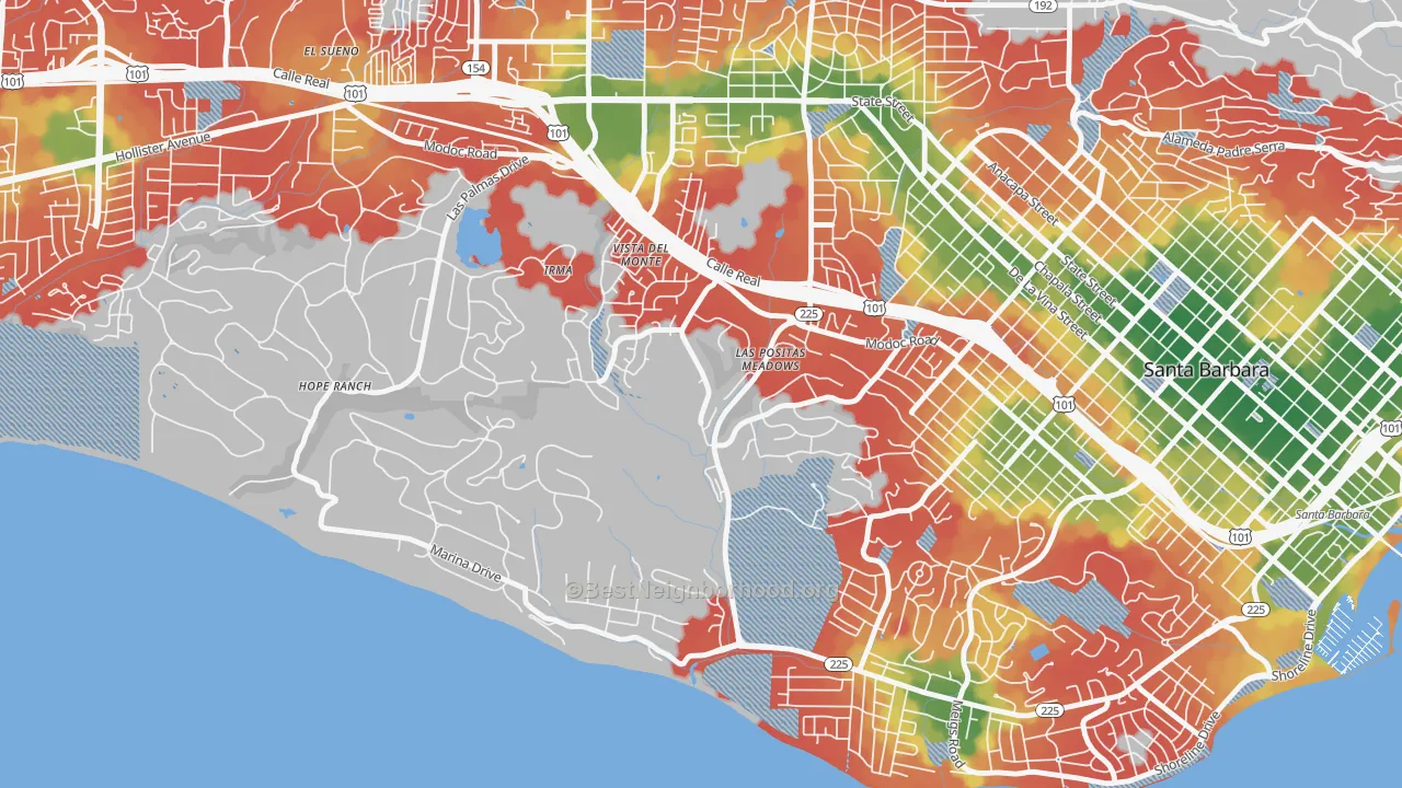 Walk Grade map of Las Positas, Santa Barbara, CA, walkable areas in green and car-dependent areas in red