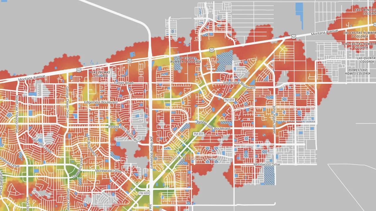 Walk Grade map of Las Tierras, El Paso, TX, walkable areas in green and car-dependent areas in red