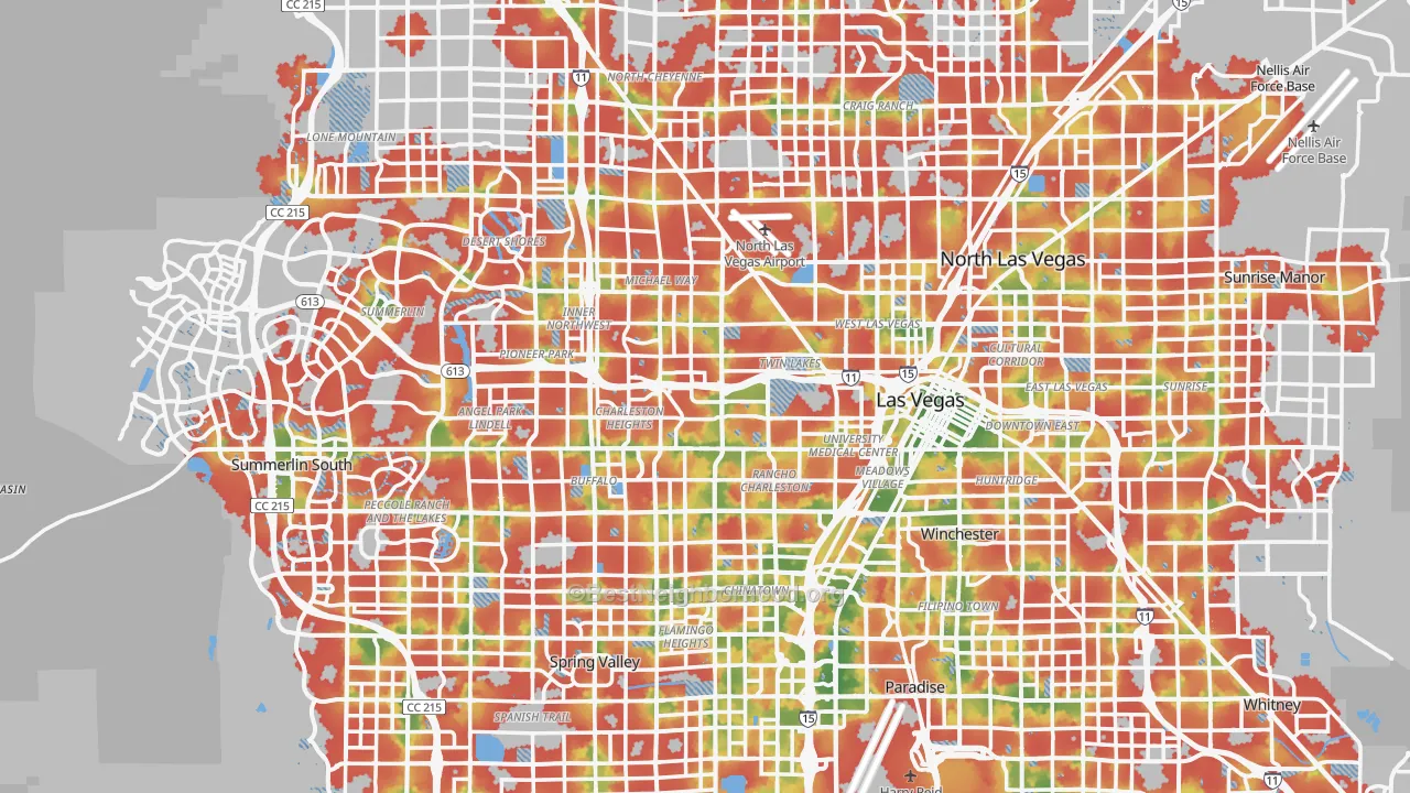 Walk Grade map of Las Vegas, NV, walkable areas in green and car-dependent areas in red