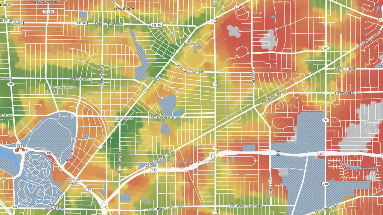 Walk Grade map of Lasalle, Buffalo, NY, walkable areas in green and car-dependent areas in red