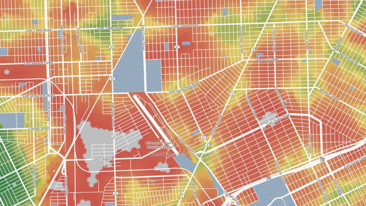 Walk Grade map of Lasalle College Park, Detroit, MI, walkable areas in green and car-dependent areas in red