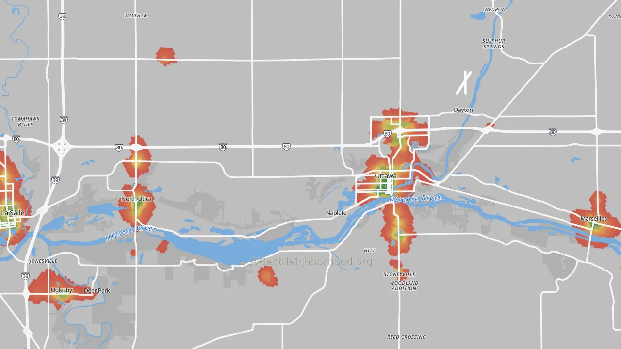 Walk Grade map of LaSalle County, IL, walkable areas in green and car-dependent areas in red