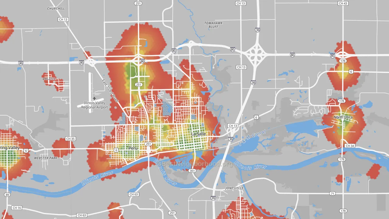 Walk Grade map of Lasalle, IL, walkable areas in green and car-dependent areas in red