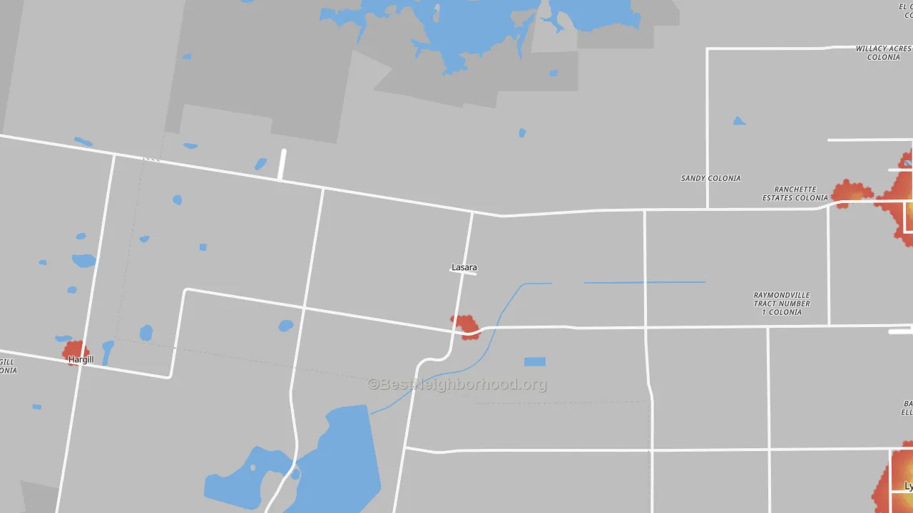 Walk Grade map of Lasara, TX, walkable areas in green and car-dependent areas in red