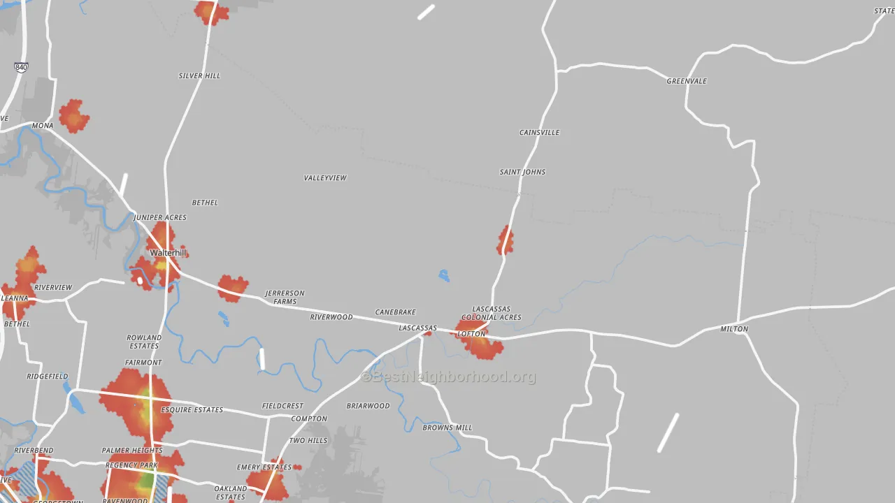 Walk Grade map of Lascassas, TN, walkable areas in green and car-dependent areas in red