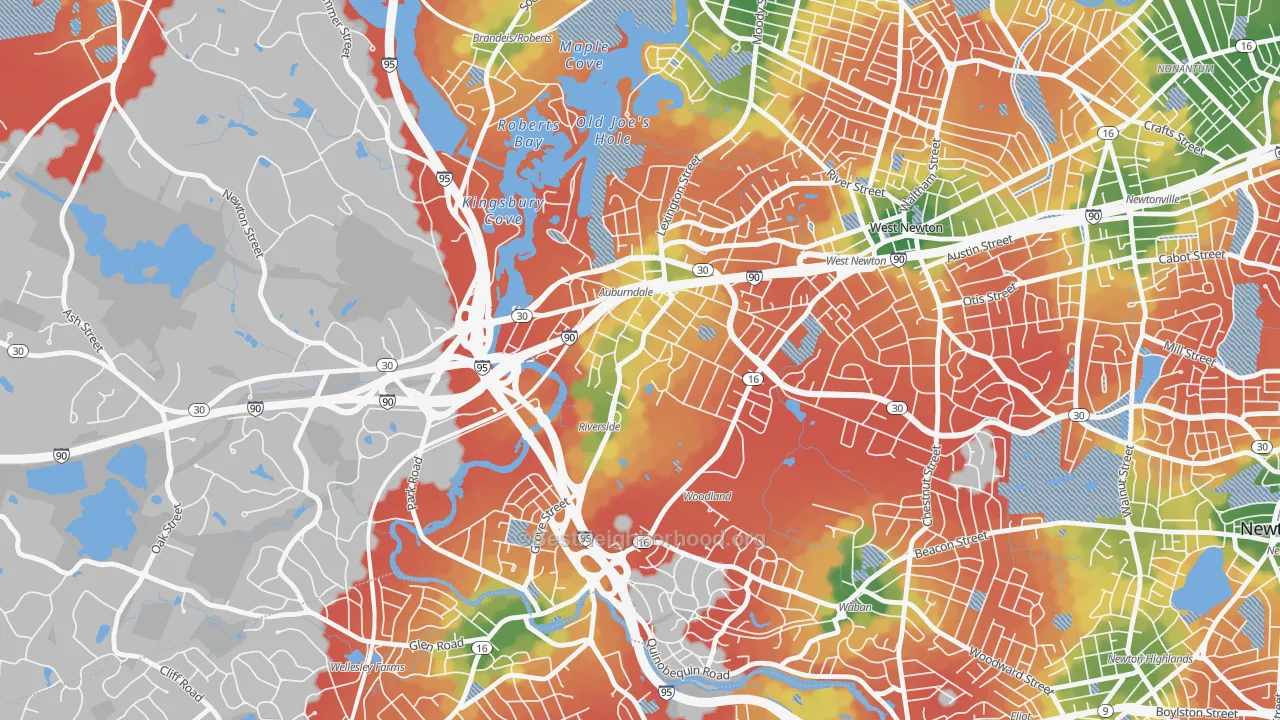 Walk Grade map of Lasell Village, Auburndale, MA, walkable areas in green and car-dependent areas in red
