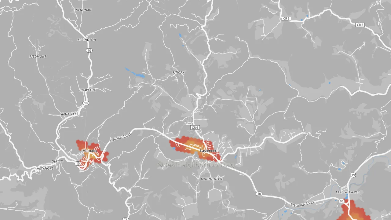Walk Grade map of Lashmeet, WV, walkable areas in green and car-dependent areas in red