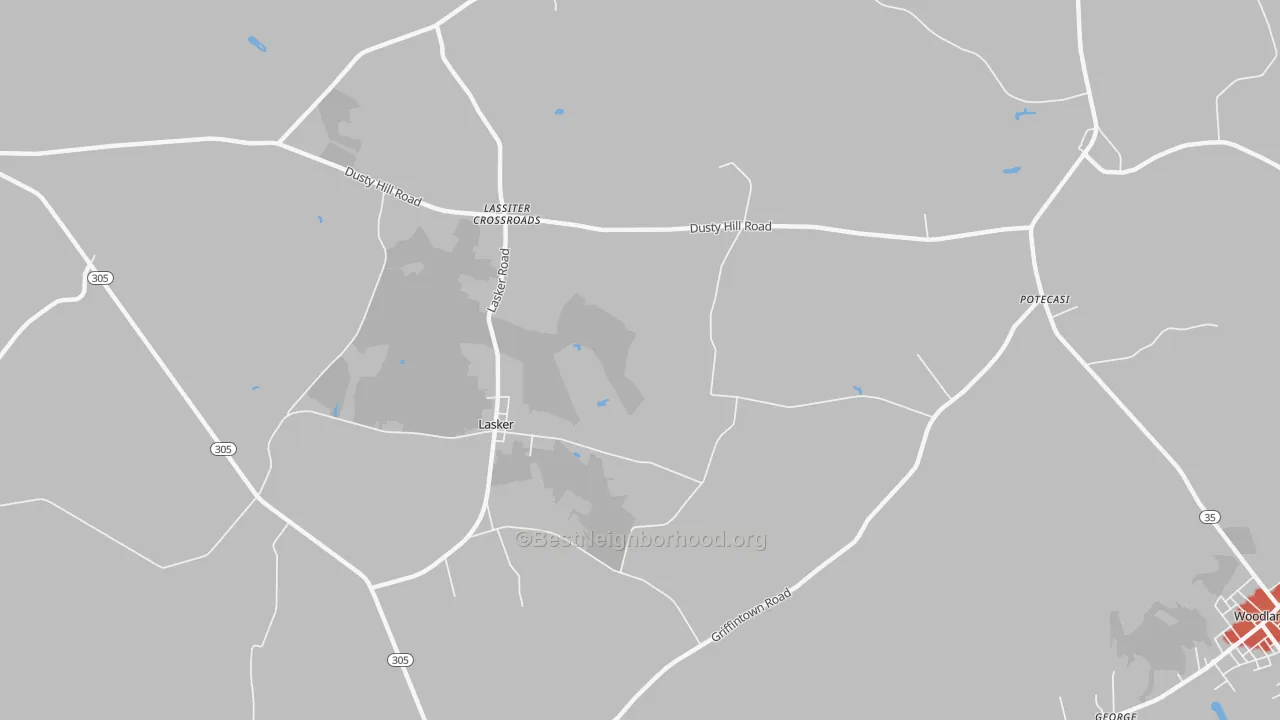 Walk Grade map of Lasker, NC, walkable areas in green and car-dependent areas in red