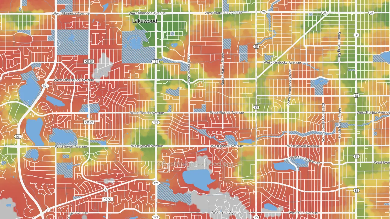 Walk Grade map of Lasley, Lakewood, CO, walkable areas in green and car-dependent areas in red