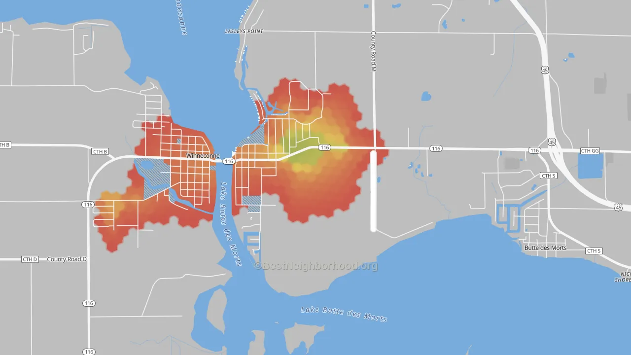 Walk Grade map of Lasleys Point, WI, walkable areas in green and car-dependent areas in red