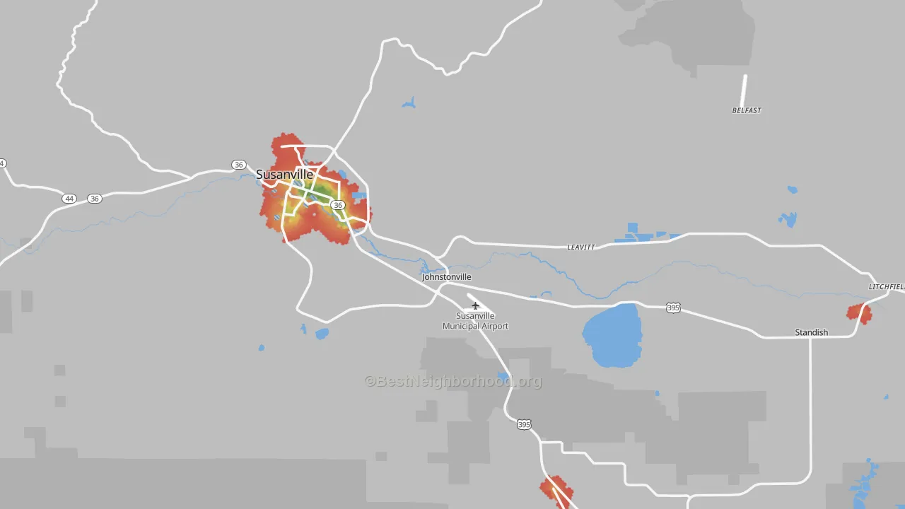 Walk Grade map of Lassen County, CA, walkable areas in green and car-dependent areas in red