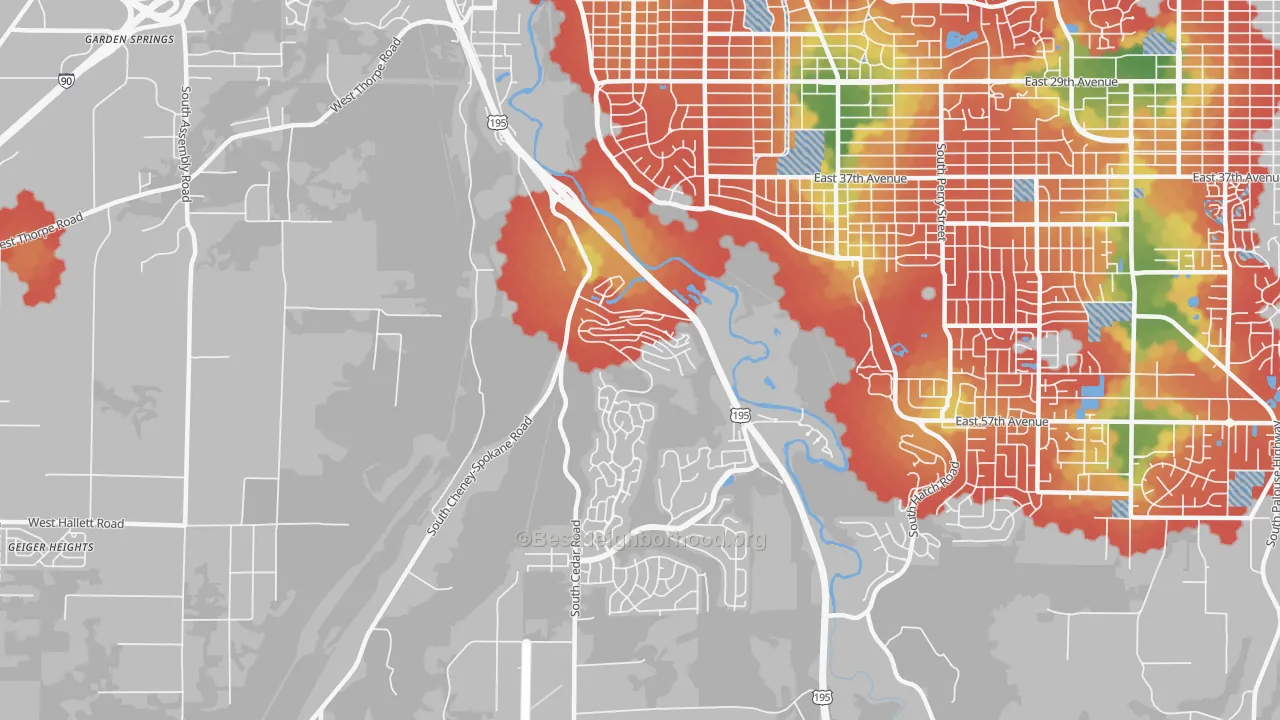 Walk Grade map of Latah Valley, Spokane, WA, walkable areas in green and car-dependent areas in red