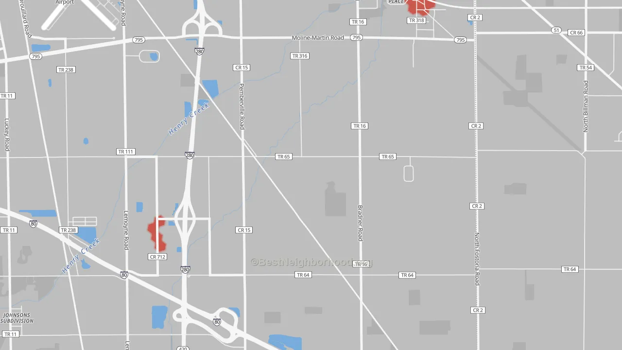 Walk Grade map of Latcha, OH, walkable areas in green and car-dependent areas in red
