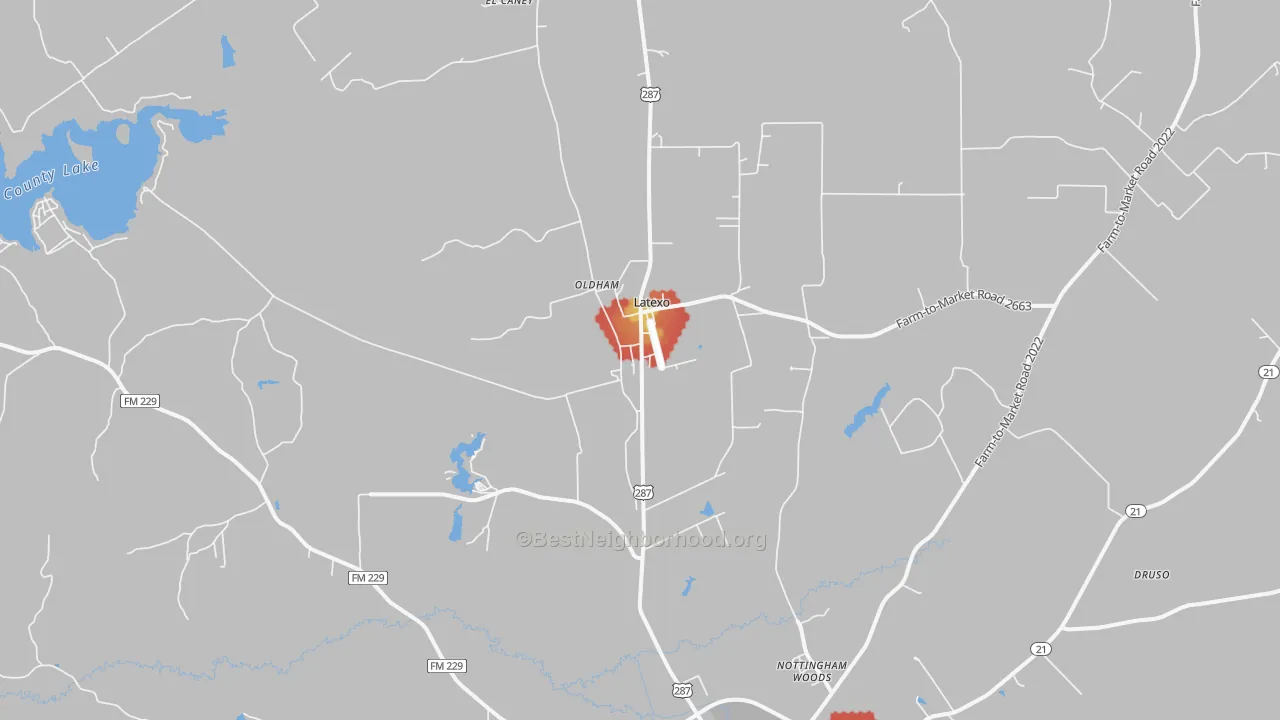 Walk Grade map of Latexo, TX, walkable areas in green and car-dependent areas in red