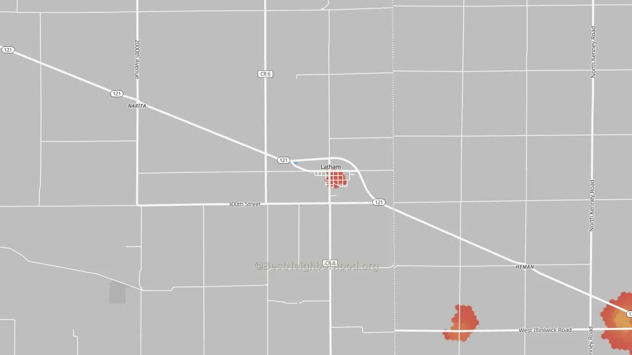 Walk Grade map of Latham, IL, walkable areas in green and car-dependent areas in red