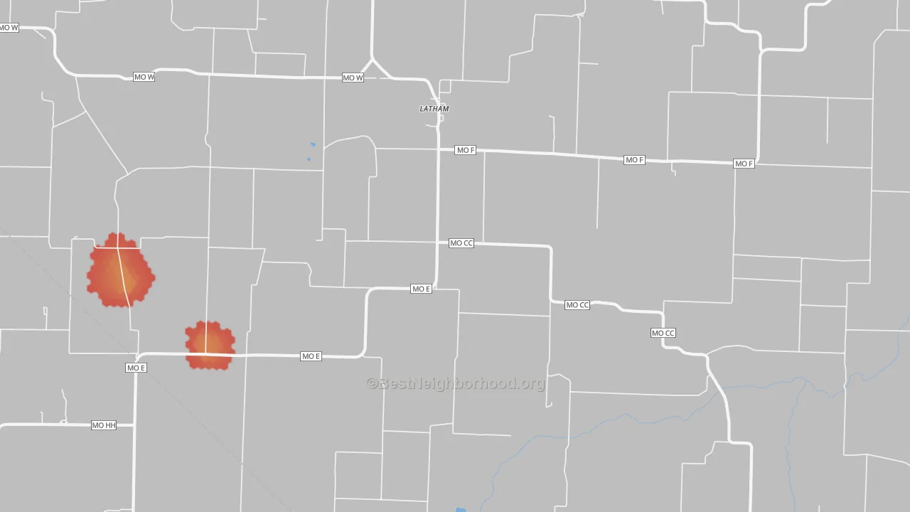 Walk Grade map of Latham, MO, walkable areas in green and car-dependent areas in red