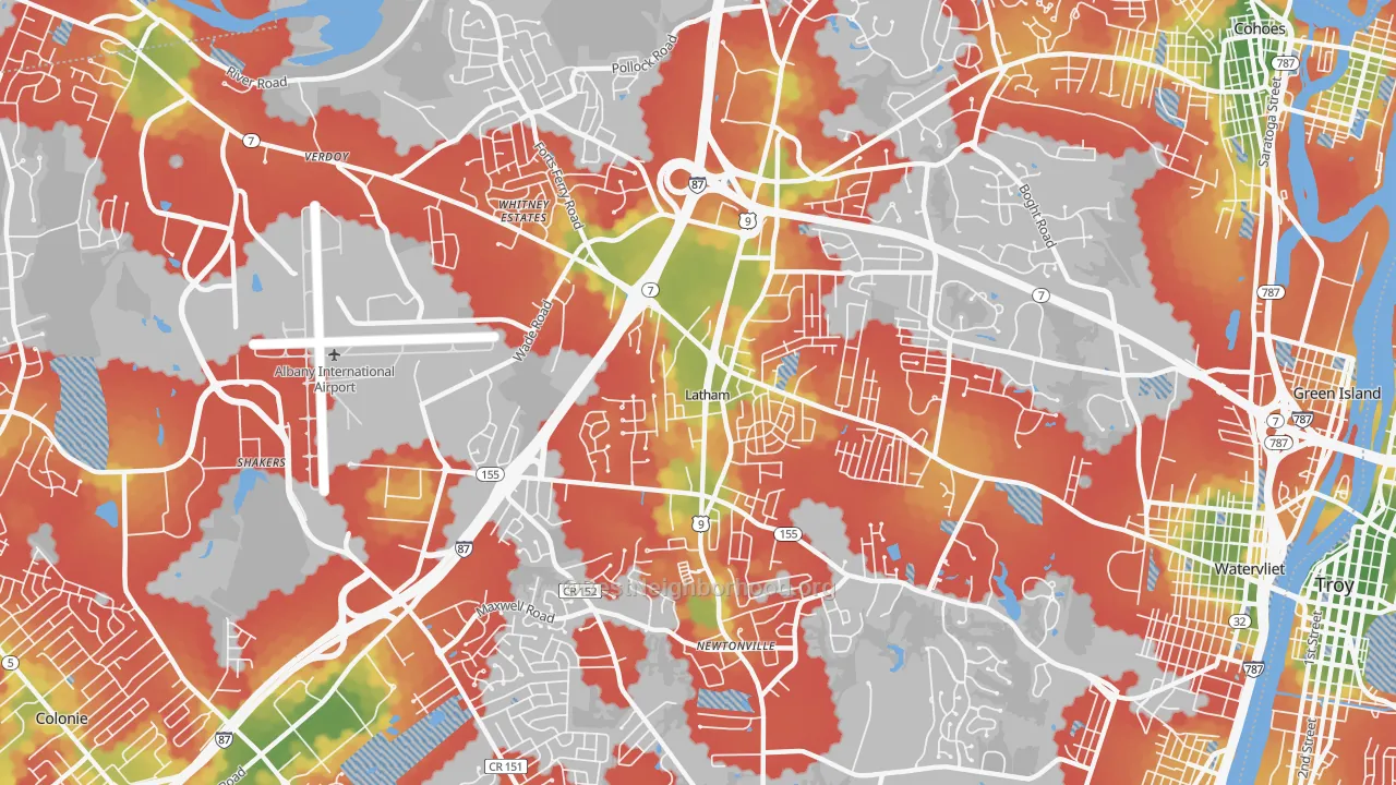 Walk Grade map of Latham, NY, walkable areas in green and car-dependent areas in red