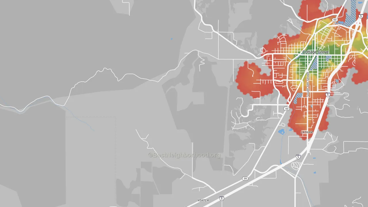 Walk Grade map of Latham, OR, walkable areas in green and car-dependent areas in red