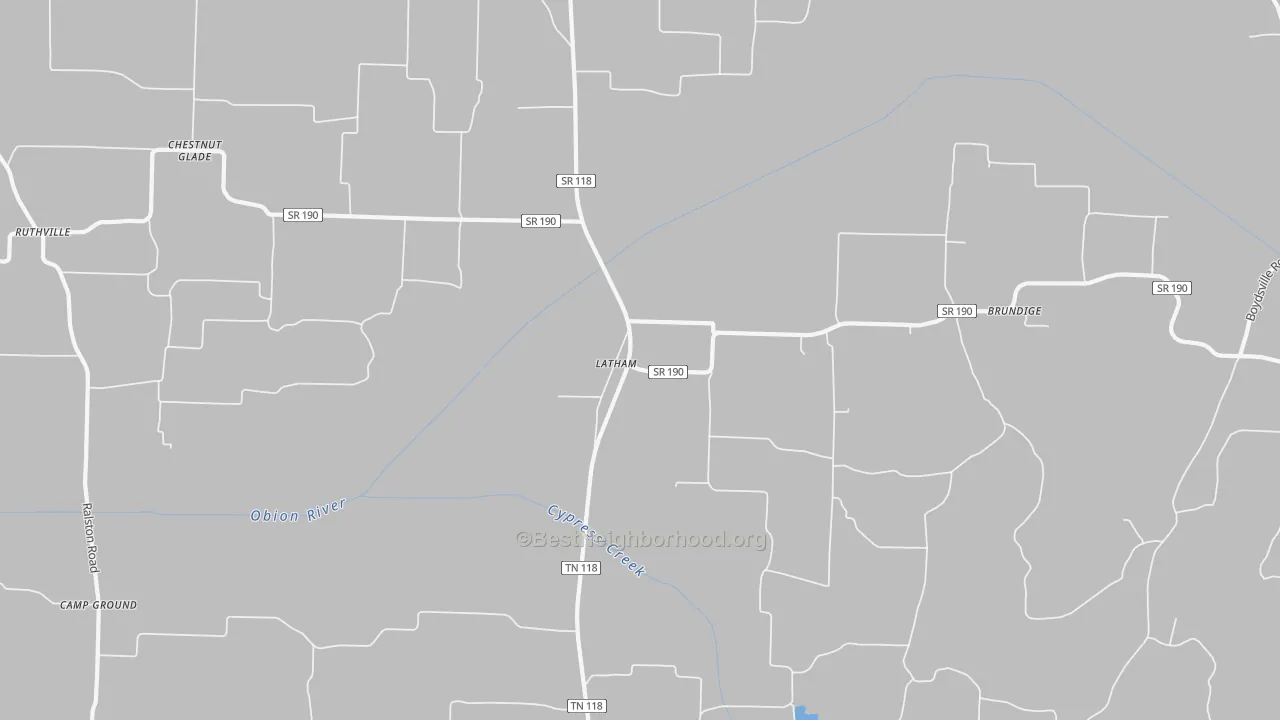 Walk Grade map of Latham, TN, walkable areas in green and car-dependent areas in red