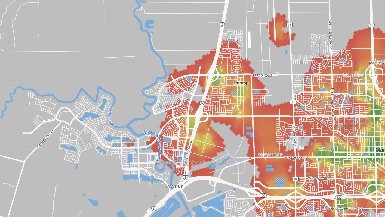 Walk Grade map of Lathrop, CA, walkable areas in green and car-dependent areas in red